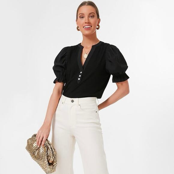 Tuckernuck Livia Puff Sleeve Top Size M Black Rayon Casual Preppy Pomander Place - Picture 1 of 13